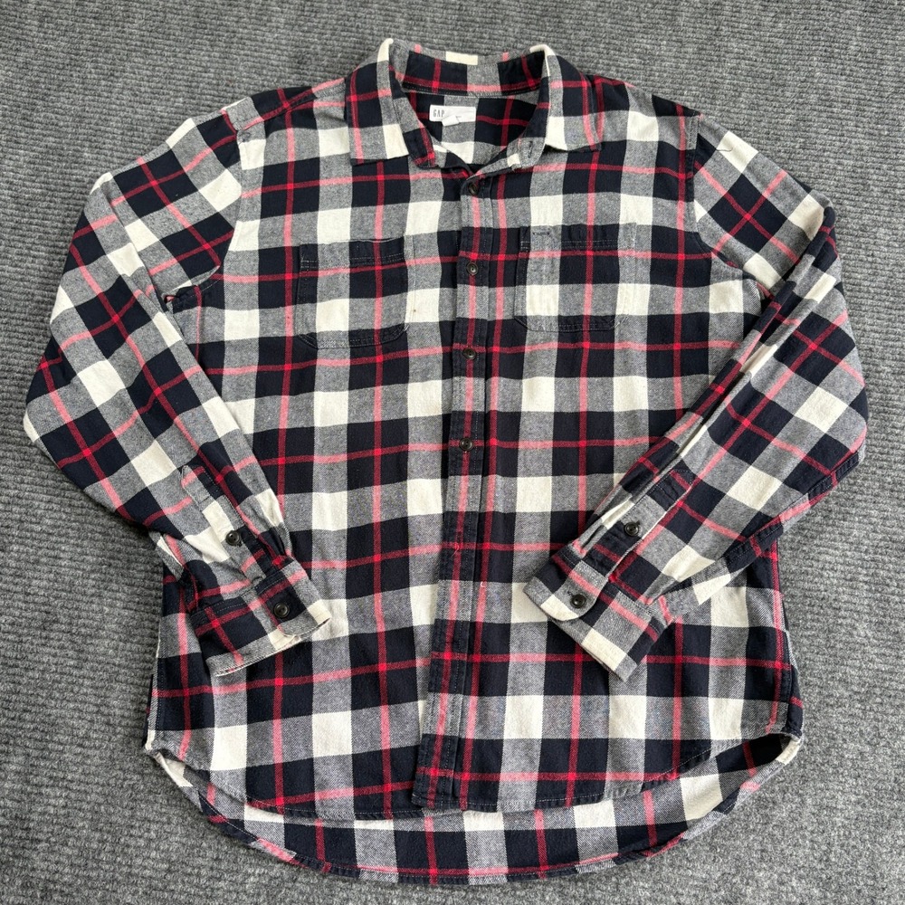 GAP Mens Standard Fit Plaid Flannel Button Down Shirt Black Red White Large